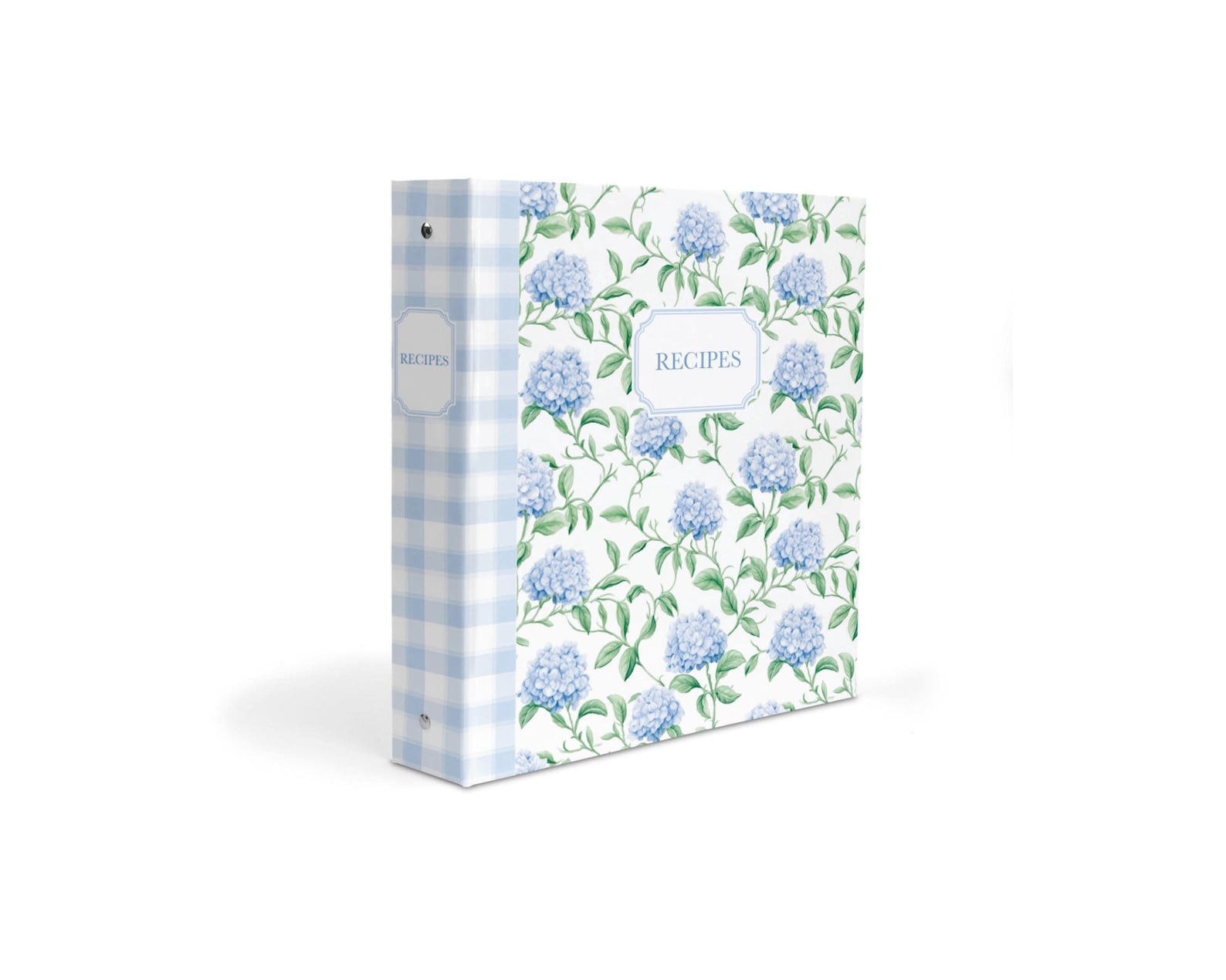 Personalized Recipe Binder – Hydrangea Family Recipe Book with Blue Floral & Gingham Design for Bridal Shower, Wedding or Housewarming Gifts - Personalized Title, No — Binder Only