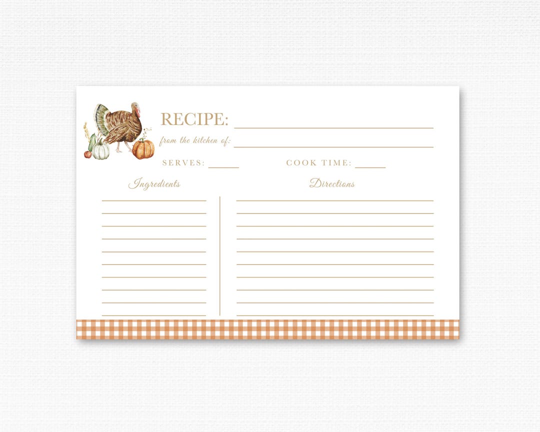 Fall Recipe Cards — Turkey & Pumpkin Kitchen Stationery for Family ...