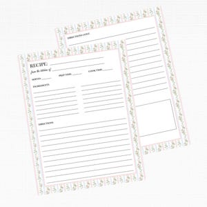 May include: Printable recipe card template with a floral border. The card has sections for the recipe name, prep time, cook time, servings, ingredients, and directions.