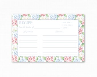 Hydrangea Recipe Cards – Blue and Pink Floral 4x6 Cards for Recipe Binders & Boxes – Bridal Shower Gift for Handwritten Family Recipes