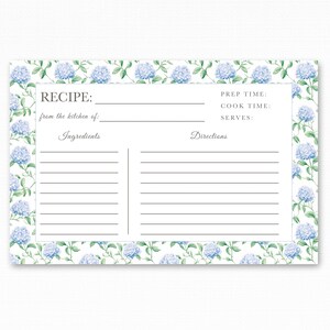 Blue Hydrangea Recipe Cards for Bridal Shower, Wedding, or Hostess Gift – Family Recipe Keepsake for Recipe Binders and Boxes