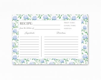 Blue Hydrangea Recipe Cards for Bridal Shower, Wedding, or Hostess Gift – Family Recipe Keepsake for Recipe Binders and Boxes