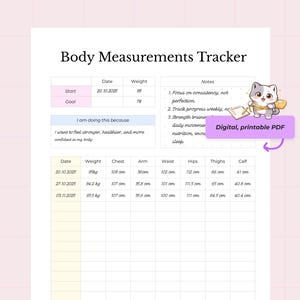 May include: A printable PDF body measurements tracker with a pink and white design. The tracker includes sections for date, weight, chest, arm, waist, hips, thighs, and calf measurements. Text includes "Body Measurements Tracker" and "Digital, printable PDF".