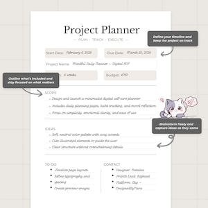 Op de afbeelding: Een projectplanningssjabloon met de titel "Project Planner" en de ondertitel "Plan, Track, Execute". De planner bevat secties voor start- en vervaldatums, projectnaam, duur en budget. Het bevat ook secties voor scope, ideeën, taken en contactgegevens.