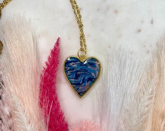 Marbled-heart pendant necklace; polymer clay heart bezel necklace