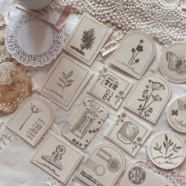 Handmade Vintage Ephemera Set | 16 pieces | Cut Outs | Grey and White Ephemera | Ink Stamps | Paper Crafts | Scrapbook | Journal Cards