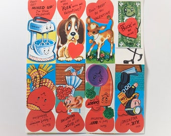 Vintage sheet of 8 unused school valentines - mid-century - dog - veggie - nurse - diver - mixer - heart - anthropomorphic - kitsch