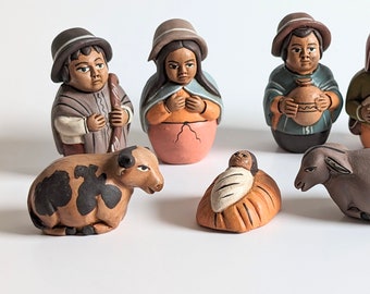 Vintage Peruvian clay folk art nativity scene / set of 8 / hand-painted / small figures