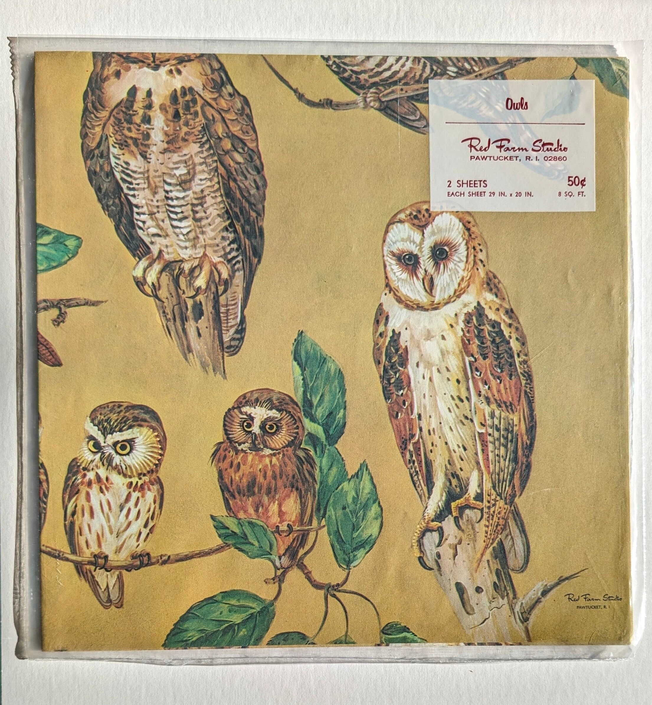 Vintage 'Owls' Red Farm Studio poster-style gift wrap - new old stock - 2 sheets - sealed pa