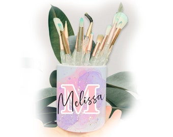 Pastel Galaxy Name Initial Lilac Pink Pot Personalised Make Up Brush Holder Eyelash Table Organiser Dressing Room Gift For Her Mothers Day