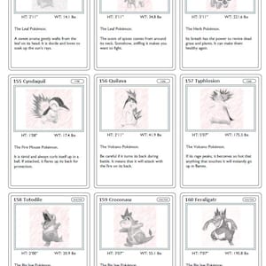 May include: Set of nine Pokémon trading cards featuring various characters like Chikorita, Bayleef, and Meganium. Each card includes a character illustration, name, type, height, weight, and a brief description. The cards are in black and white.