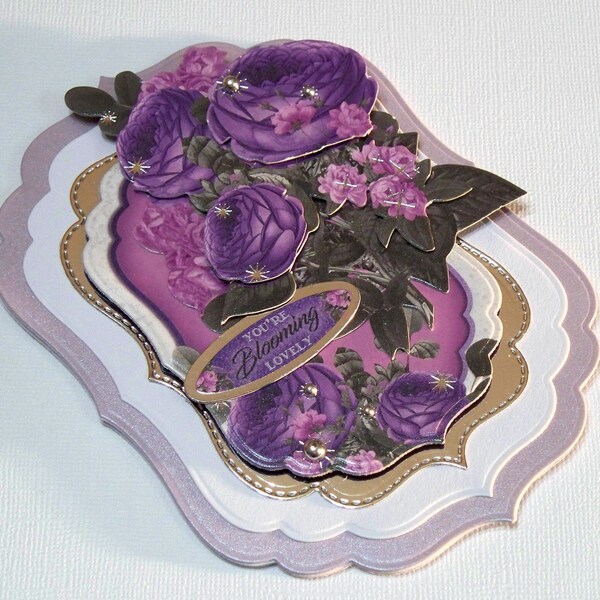 Handmade Birthday Card Ornate Shaped Card, Features Silver Foiled Accents on Beautiful Purple Peonies and YOU'RE Blooming LOVELY Phrase