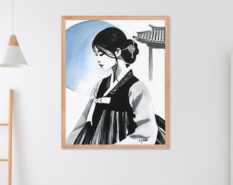 Korean Art Hanbok Acrylic Painting Print, Korea Seoul Art Print Modern Minimalist Korean Culture Decor, Traditional Asian Woman Wall Art