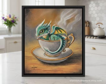 Baby Dragon in Teacup Pastel Print Artwork Cute Fantasy Image Gift Small Miniature Dragon Wall Art Whimsical Nursery Dragon Painting Decor