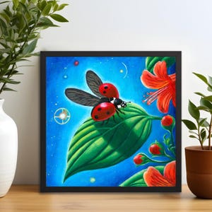 Affascinante dipinto a olio di una coccinella, arte ispirata alla natura con elementi spirituali, decorazione murale dipinta a mano, stampa artistica unica della natura per l'arredamento della casa.