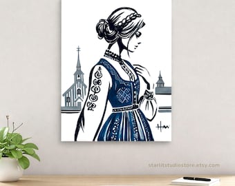 Modern Norwegian Woman Print Scandinavian Folk Art Wall Decor Minimalist Nordic Acrylic Painting Traditional Norway Bunad Portrait Art