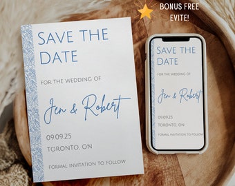 May include: A white save the date card with blue floral border and text that reads "Save the Date" for the wedding of Jen & Robert, 09.09.25 Toronto, ON. Formal invitation to follow.