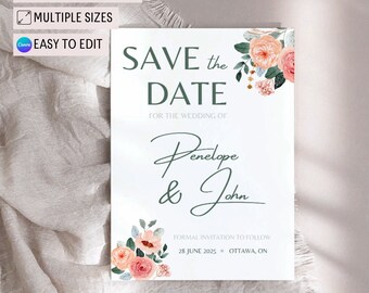 Floral Save the Date uitnodigingssjabloon, blush en groen Save the Date Card, perzik moderne bruiloft tekstbericht Evite, aquarel uitnodiging