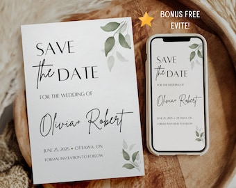 May include: Save the date card with green foliage design. The card says "Save the Date" for the wedding of Oliviar Robert, June 25, 2025, Ottawa, ON. Formal invitation to follow.