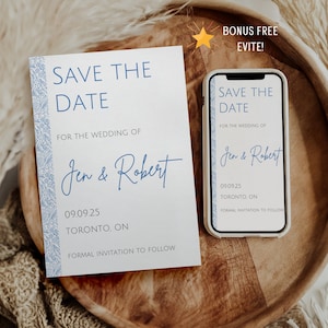 ブルーの Save the Date 招待状テンプレート、ライトブルーの花柄 Save the Date カード、モダンなウェディング テキスト メッセージ招待状、水彩画招待状