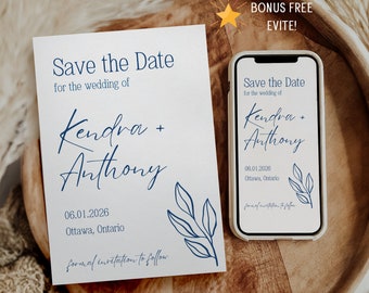 May include: Save the Date card with a blue and white color scheme. The card features a simple design with the text "Save the Date" and the names "Kendra + Anthony" in a handwritten font. The date "06.01.2026" and the location "Ottawa, Ontario" are also included. The card is decorated with a simple blue leaf design.