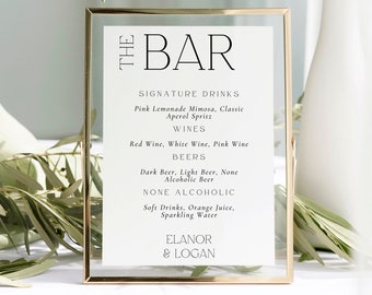 The Bar Sign, Printable Drinks Menu, Minimalist Wedding Bar Menu, Modern Wedding Drink Menu, Let&#39;s Drink Party Sign, Editable Canva Template