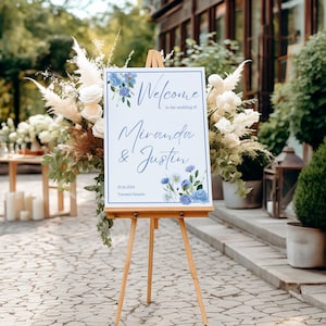 Elegant Wedding Sign Template, Minimalist Blue Floral Welcome Sign, Modern Script Wedding Poster, Boho Editable Reception Welcome Sign,