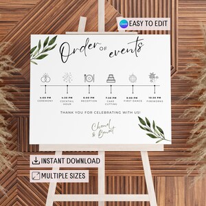 May include: A white wedding sign with a black and white timeline of events for a wedding. The sign includes the text "Order of Events" and the names "Chanel & Benoit".