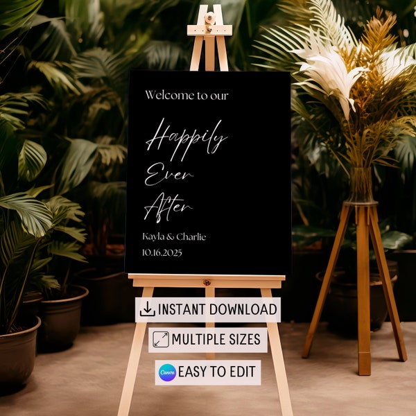 Modern Wedding Welcome Sign Reception Party Decor Minimalist Black Tie Event Board Black Editable Canva Template Elegant Poster Calligraphy