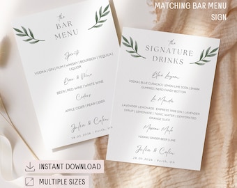 Letrero de bebida exclusiva con vegetación, cócteles para él y para ella, letrero de menú de bar a juego, letreros minimalistas para bar de bodas, plantilla de fiesta moderna