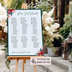 Plano de asientos para bodas en rojo, plano de asientos para mesa de recepción verde personalizado, asientos para bodas con motivos florales modernos, letrero con flores de acuarela ruborizada