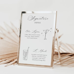 Letrero de bebida exclusiva, letrero de barra de cócteles para recién casados, marco de bebidas para él y ella, tarjeta de menú de cócteles imprimible, plantilla de menú de barra de boda moderna