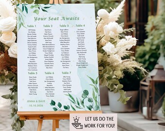 Eucalyptus Wedding Seating Chart, Personalized  Green Reception Table Seating Plan, Modern Gold Wedding Seating, Watercolor Printable Sign