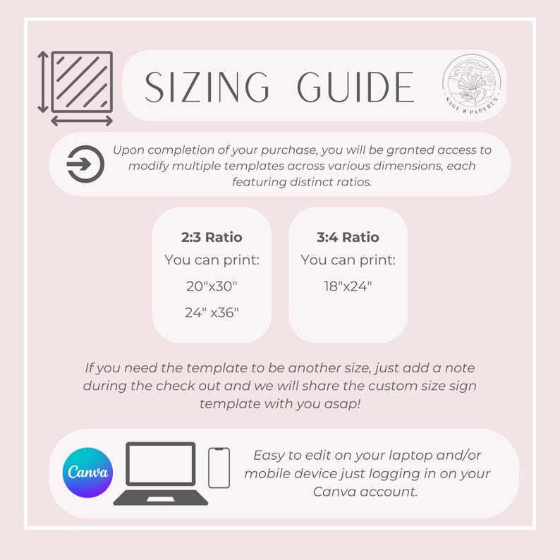 May include: A light pink sizing guide with the text "SIZING GUIDE" at the top. It includes print size options for 2:3 and 3:4 ratios, such as 20"x30" and 18"x24". The guide also mentions editing templates on Canva.