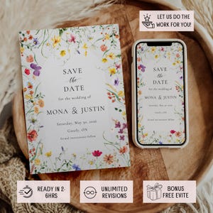 May include: Save the Date card with a floral design. The card is white with a watercolor floral border. The text reads "Save the Date for the wedding of Mona & Justin" with the date and location.