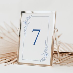 Editable Blue Floral Frame Table Numbers, Printable Modern Wedding Table Nr with Flowers, Elegant Reception Table Number, Stylish DIY Number