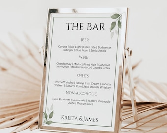 Greenery Bar Sign, Wedding Drinks Menu, Customizable Bar Menu Template, Elegant Wedding Party Cocktail Poster, His  and Her Drinks Printable
