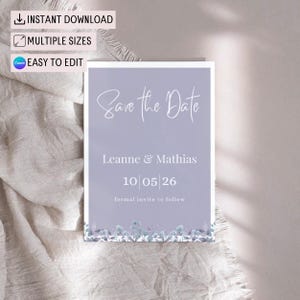 Plantilla de invitación con diseño floral para guardar la fecha, tarjeta para guardar la fecha en color lila, mensaje de texto de boda moderno en color malva para Evite, invitación en acuarela