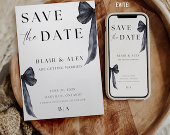 May include: Save the Date card with a black watercolor bow design. The card says "Save the Date" with the names Blair & Alex and the date June 27, 202X. The location is Oakville, Ontario. The card also says "Formal Invitation to Follow" and "B/A".