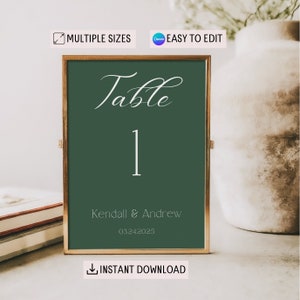 Editable Minimalist Dark Green Table Numbers, Modern Wedding Table Nr, Emerald Rustic Reception Table Numbers, Easy to Edit Canva Template