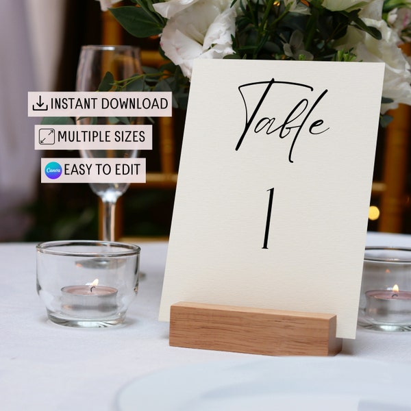 Editable Cursive Minimalist Table Numbers, Printable Modern Wedding Table Nr, Elegant Reception Table Numbers, Easy to Edit Canva Template