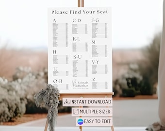 May include: A printable wedding seating chart with the title "Please Find Your Seat" and a list of names organized alphabetically by letter. The chart is designed in a minimalist style with black text on a white background. The names are listed in columns with the letters A, C-D, F-G, H, I-J, K-L, M, O-R, S-U, V-Y, and Z at the top of each column. The chart also includes the names of the bride and groom, "Zeinab & Bashar", and the date of the wedding.