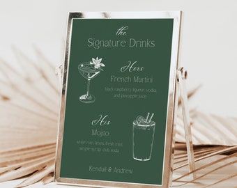 The Signature Drink Sign, Newlyweds Cocktails, Wedding Bar Sign, His and Her Drinks, Printable Green Cocktail Menu, Modern Wedding Template