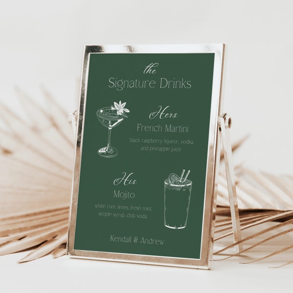 The Signature Drink Sign, Newlyweds Cocktails, Wedding Bar Sign, His and Her Drinks, Printable Green Cocktail Menu, Modern Wedding Template