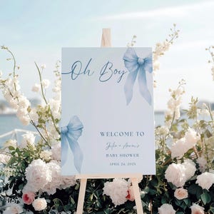 Letrero de baby shower "Oh Baby Oh Boy", lazo de seda, cartel para baby shower, fiesta de revelación de género, póster de anuncio de bebé, plantilla digital editable