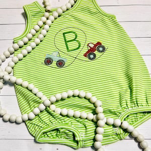 Monogram Play Bubble, Striped Monster Trucks, Baby Boy Outfit