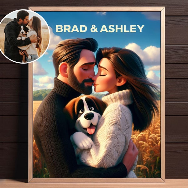 Cartoon Animation Portrait | Family Portrait with Pet | Illustrated Portrait from Photo | Couple Portrait with Dog | DIGITAL FILE