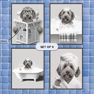 Custom Pet Portraits Set of 4 Greyscale, Dog In Toilet, Pet in Bathtub, Funny Pet Portrait, Bathroom Dog Wall Art, Dog Bathroom Art