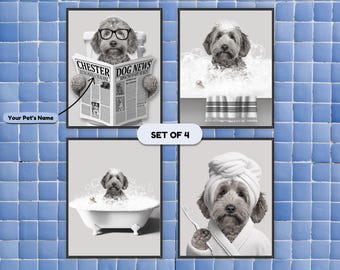 Custom Pet Portraits Set of 4 Greyscale, Dog In Toilet, Pet in Bathtub, Funny Pet Portrait, Bathroom Dog Wall Art, Dog Bathroom Art