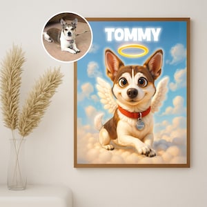 Retrato conmemorativo de mascota con alas de ángel, retrato de pérdida de mascota, retrato de mascota de dibujos animados, arte conmemorativo personalizado para mascotas, descargas digitales